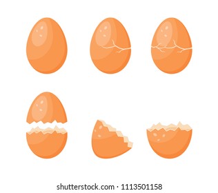 Vector illustration. Set of cracked and broken eggs isolated on white background.