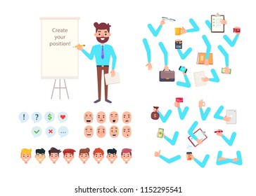 Vector illustration set for creating a character for your project. Collection of faces, emotions, hands bent in different positions, diverse accessories. Front view, cartoon style