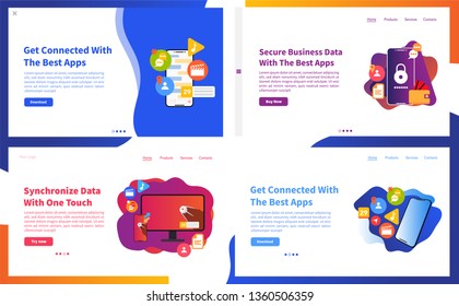 Vector illustration Set of creative website template concepts for website and mobile apps design and development, business apps, marketing, social media apps, synchronize and project management. 