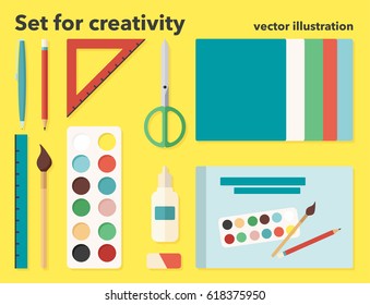 Vector illustration of Set for creativity. Pen, pencil, ruler, scissors, paper, glue, brush, paint, drawing album in flat design style