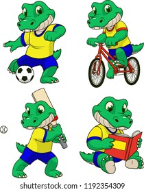 Vector illustration, a set of crocodile child engaged in sports, playing a game, riding a bike, reading a book.