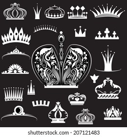 Vector illustration of a set of crowns in black and white