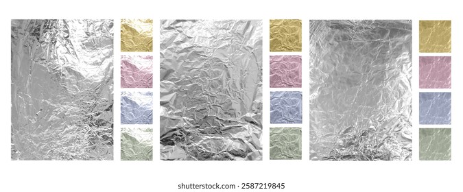 Vector illustration of a set of crumpled paper mockups in different sizes, textures and colors. Metallic foil backgrounds in silver, gold, pink, blue and green. Packaging or wallpaper. Realism.