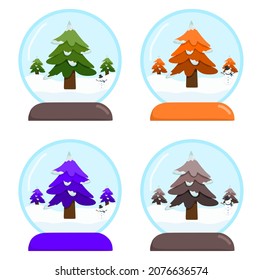 vector illustration set of a crystal snowball containing fir trees, winter theme	