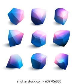Vector illustration of a set of crystals with glowing edges in blue purple colors. Geometric shapes of crystals with shadows.