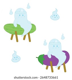 Vector illustration of a set of cucumber and Eggplant with wooden chair, side and front view, displayed during the Japanese Obon festival. and cute ghost