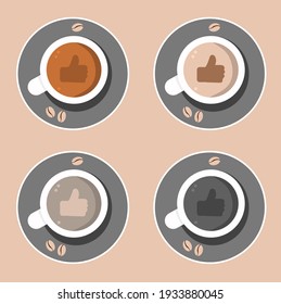 Vector illustration set of a cup of coffee with a black plate surrounded by coffee beans with top view, like sign, perfect for coffee product advertisements
