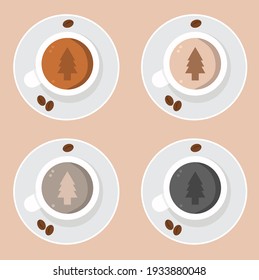 Vector illustration set of a cup of coffee with a white plate surrounded by coffee beans with top view, tree sign, perfect for coffee product advertisements