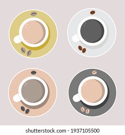 Vector illustration set of a cup of coffee with a colorful plate surrounded by coffee beans with top view, perfect for advertising coffee products