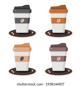 Vector illustration set of a cup of coffee with brown plate surrounded by coffee beans for sale, logo, perfect for advertising coffee products