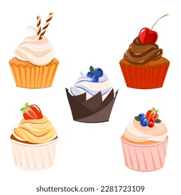 Vector illustration of a set of cupcakes with cream, berries and decorations