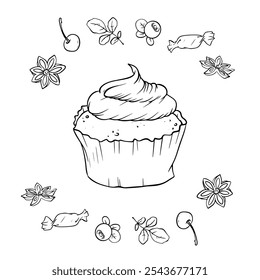 Vector illustration set of cupcakes with ingredients - berries, spices, sweets hand drawn in doodle style.