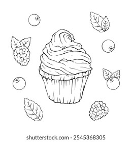 Vector illustration set of cupcakes with ingredients - berries, spices, sweets hand drawn in doodle style.