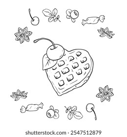 Vector illustration set of cupcakes with ingredients - berries, spices, sweets hand drawn in doodle style.