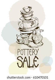 Vector illustration a set of cups, plate, jar, mugs with pastel background. Hand drawn, doodle, beautiful  contour. Pottery sale.