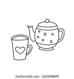 Vector illustration of a set of cups and teapot in doodle style isolated on white background for your design