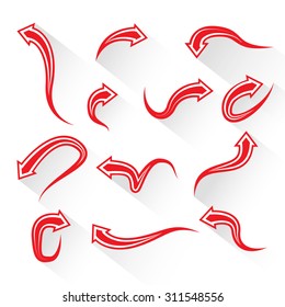 Vector illustration set of curved red arrows. Arrows with shadows.