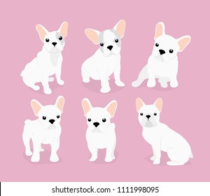 Vector illustration set of cute adorable french bulldog puppies on pink background in flat cartoon style.