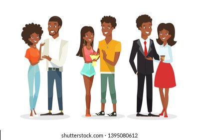 Vector illustration set of cute African American couples on the date. Young woman and man. Black people, family. Handsome man and pretty woman in flat cartoon style isolated on white background.
