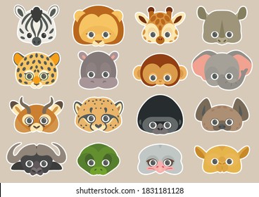 Vector illustration set of cute African animals. Collection of animal face masks for children. Animals icons or stickers.