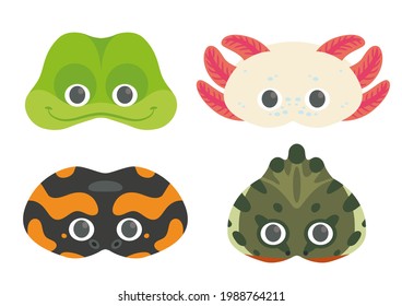 Vector illustration set of cute Amphibians: Frog, Axolotl, Salamander, Triton.