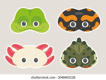Vector illustration set of cute Amphibians: Frog, Axolotl, Salamander, Triton.