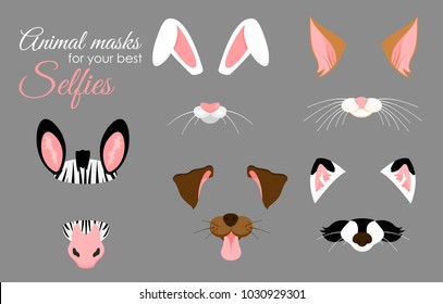 Vector illustration set of cute animal ears and nose masks for selfies, pictures and video effect. Funny animals faces of zebra, bunny, dog, cat and raccoon, filters for mobile phone.