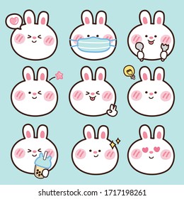 Vector illustration set of cute animal in cartoon on blue background.Rabbit heads various mood in flat style.Bunny face hand drawn.Doodle.Kawaii.Sticker.