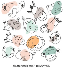Vector illustration set of cute animal faces. Cartoon doodle stickers icons. Background decoration.