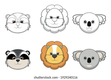 Vector illustration set of cute animal faces including Raccoon, Lion and Koala. Black and white vector illustration for a coloring book and a colorized sample picture.