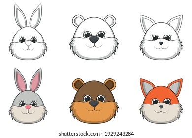 Ilustración vectorial de caras lindas de animales incluyendo Conejo, Oso, Fox. Ilustración vectorial en blanco y negro para un libro de colorear y una imagen de muestra coloreada.