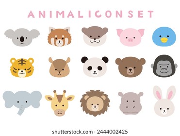 Vector illustration set of cute animal faces. Icon, zoo