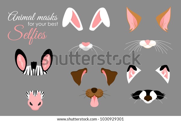 Vector\
illustration set of cute animal ears and nose masks for selfies,\
pictures and video effect. Funny animals faces of zebra, bunny,\
dog, cat and raccoon, filters for mobile\
phone.