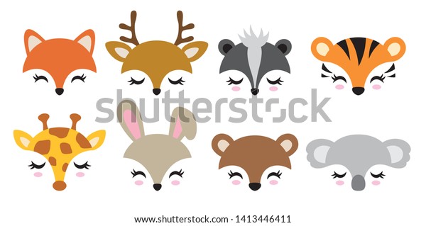 キツネ 鹿 スカンク 虎 キリン ウサギ クマ コアラなど かわいい動物の顔のベクターイラスト のベクター画像素材 ロイヤリティフリー