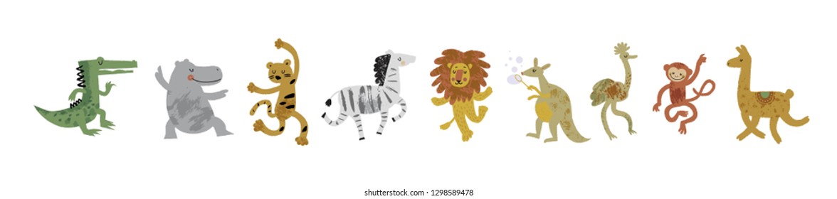 Vector illustration set of cute danсing animals in cartoon style. Ostrich, lion,  monkey, crocodile, hippo, zebra, kangaroo, leopard, llama. Children print,  nursery design