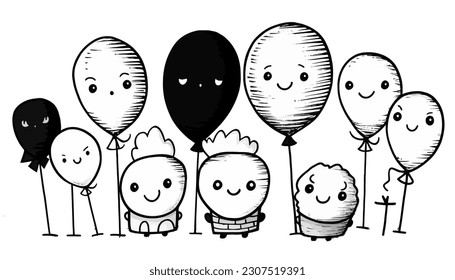 Vector Illustration, Set of Cute Balloon Character, Detailed Lineart