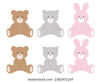 Vector illustration set of cute bear, cat and rabbit stuffed animals