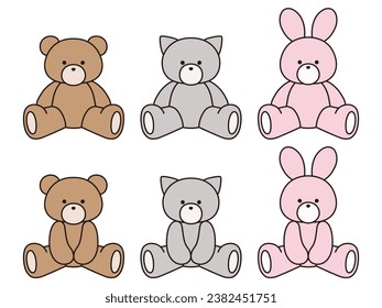 Vector illustration set of cute bear, cat and rabbit stuffed animals