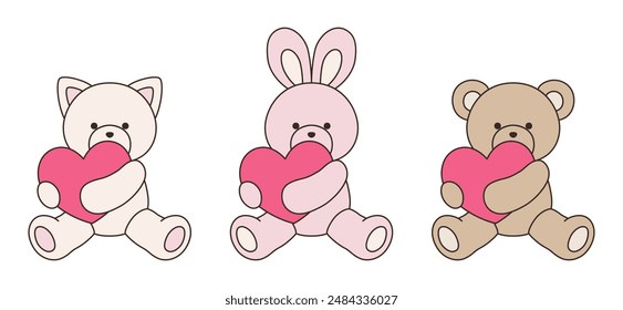 Vector illustration set of cute bear, rabbit and cat stuffed animals. Icon, heart, animal