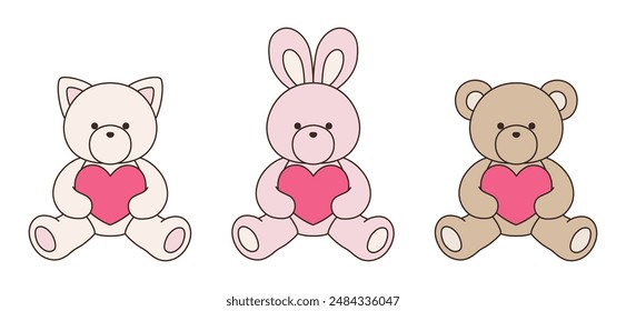 Vector illustration set of cute bear, rabbit and cat stuffed animals. Icon, heart, animal