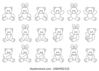 Vector illustration set of cute bear, rabbit and cat stuffed animals. Icon, heart, animal