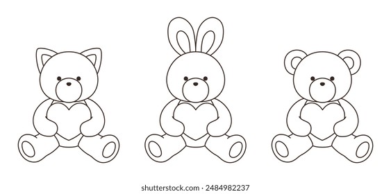 Vector illustration set of cute bear, rabbit and cat stuffed animals. Icon, heart, animal