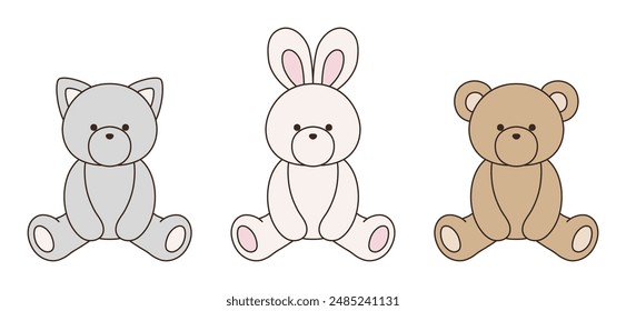 Vector illustration set of cute bear, rabbit and cat stuffed animals. Icon, 　 animal