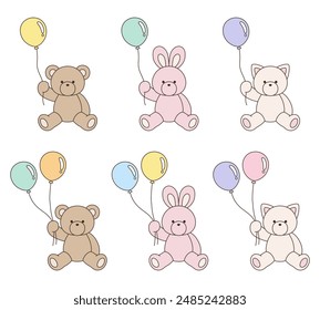 A vector illustration set of cute bear, rabbit and cat stuffed animals holding balloons. Icons, balloons, animals