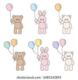 A vector illustration set of cute bear, rabbit and cat stuffed animals holding balloons. Icons, balloons, animals