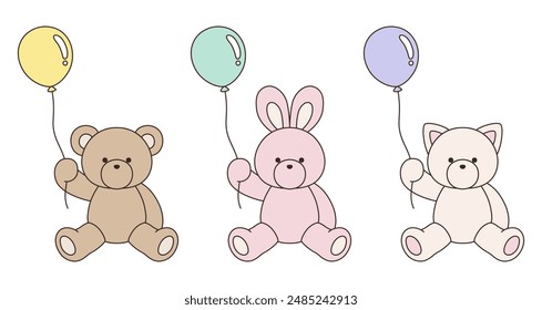 A vector illustration set of cute bear, rabbit and cat stuffed animals holding balloons. Icons, balloons, animals