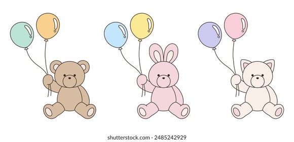 A vector illustration set of cute bear, rabbit and cat stuffed animals holding balloons. Icons, balloons, animals