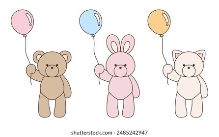 A vector illustration set of cute bear, rabbit and cat stuffed animals holding balloons. Icons, balloons, animals