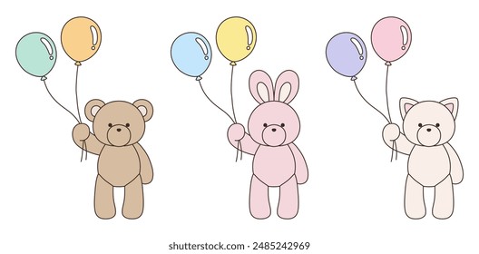 A vector illustration set of cute bear, rabbit and cat stuffed animals holding balloons. Icons, balloons, animals