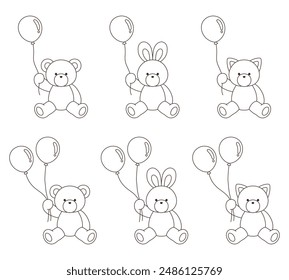 A vector illustration set of cute bear, rabbit and cat stuffed animals holding balloons. Icons, balloons, animals